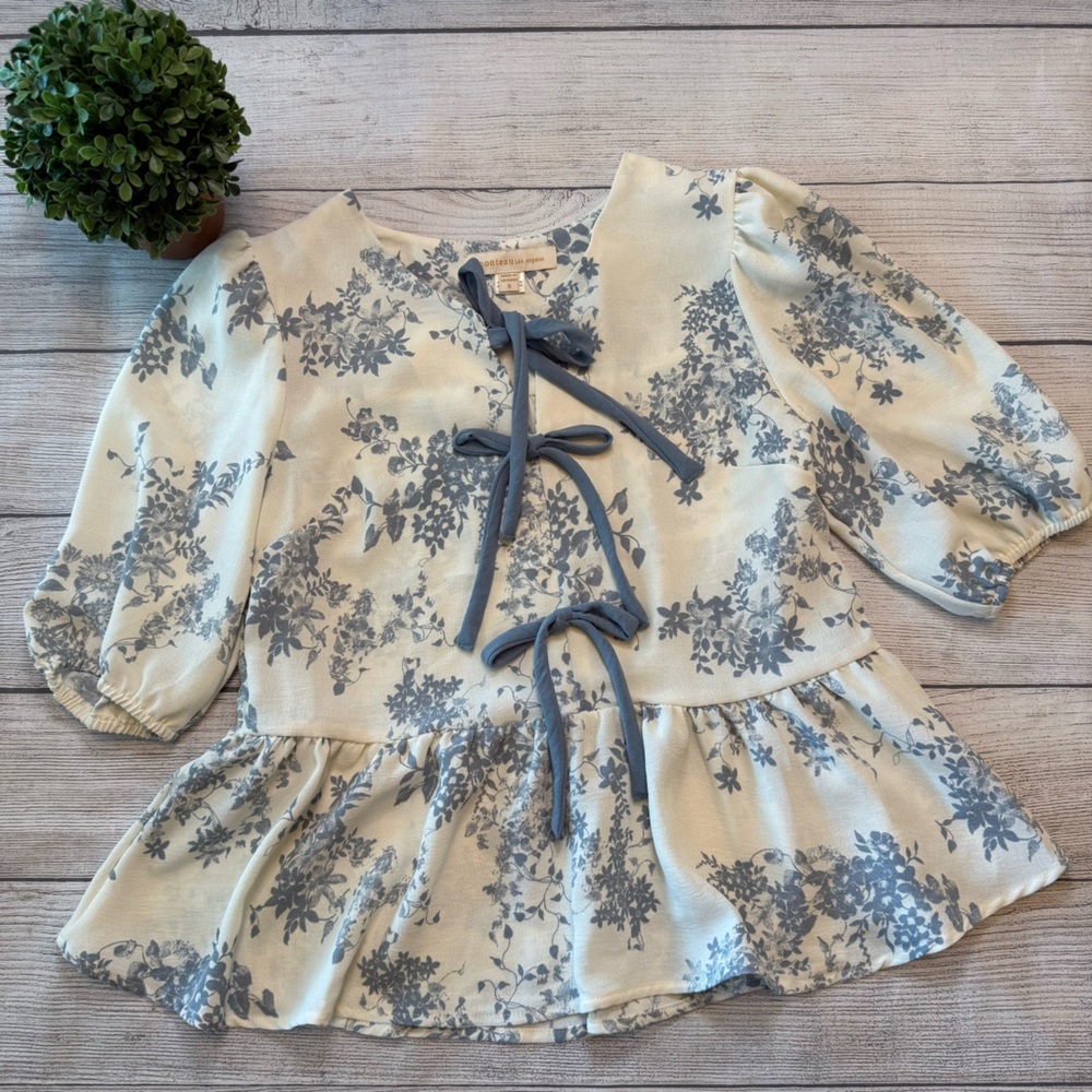 Monteau Cream Blouse with Blue Floral Print